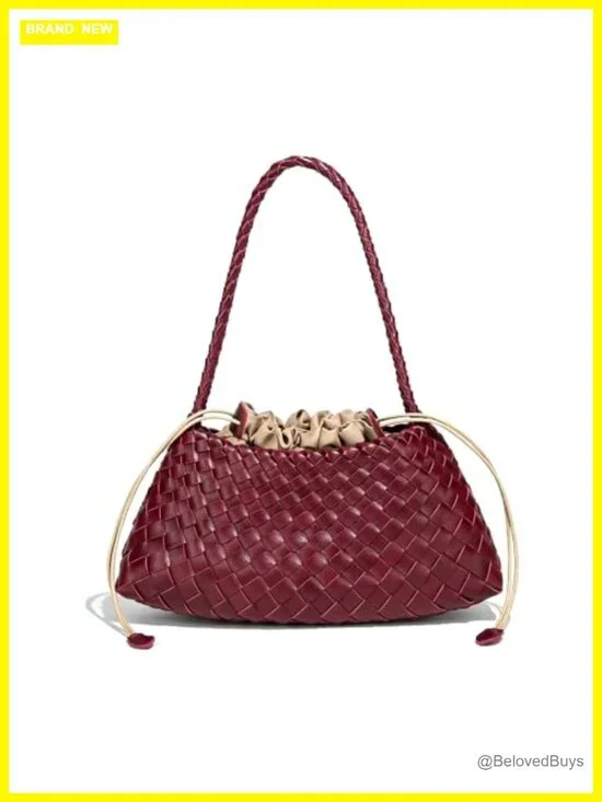 Vintage Faux Leather Hand-Woven Shoulder Hobo Bag with Detachable Drawstring