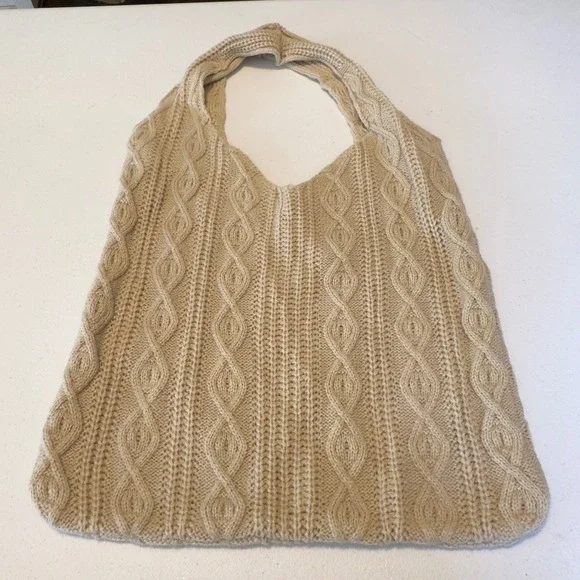 Cream Cable Knit Hobo Bag Slouchy Tote Shoulder‎ Bag Bohemian Beige Chunky Knit