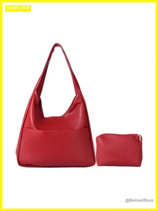 Faux Leather Hobo Tote Bag Set with Wide Strap for Work Travel
