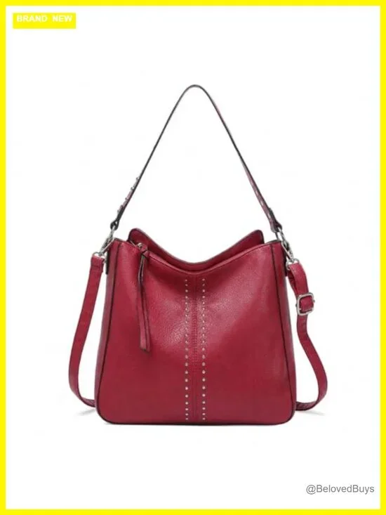 Vegan Leather Hobo Bag with Metal Studs - Crossbody Shoulder Purse Large