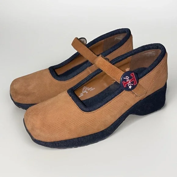 Tommy Hilfiger Girls Mary Jane's shoes Size 2 M Y2K Vtg Brown Corduroy Wedge