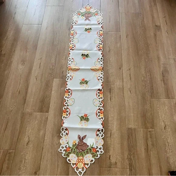 NEW Table Runner, Embroidered Easter Rabbit Eggs 67” X‎ 12.25”