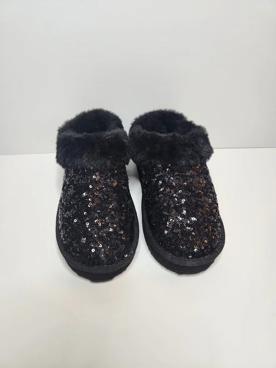 Kids Black Sequin Faux-Fur Mules
