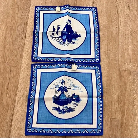 2 PCs‎ Square Napkins Tablecloth Cotton Dutch Blue Delft Holland 10.5” Vtg NWT