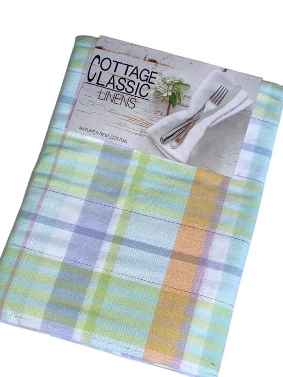 Pastel Plaid Summer Cotton Tablecloth NEW 60” x 84”