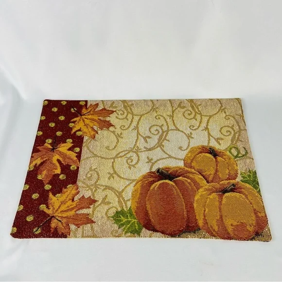 Pair of Placements (2) Pumpkins and Leaves w/Gold Scrolls Orange Tan Red Bling