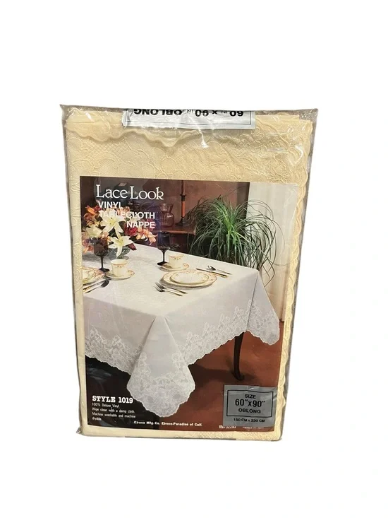 Vintage Elrene Lace Look Vinyl Tablecloth Nappe Style 1019 Ivory 60”x90” Oblong