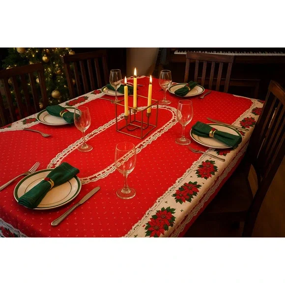 Vtg 60s Mid Century Christmas Tablecloth With 10 Napkins - approx 60
