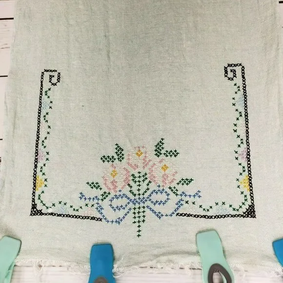 Vintage Dresser Scarf Table Runner Floral‎ Handmade Hand Stitched Fringe Green