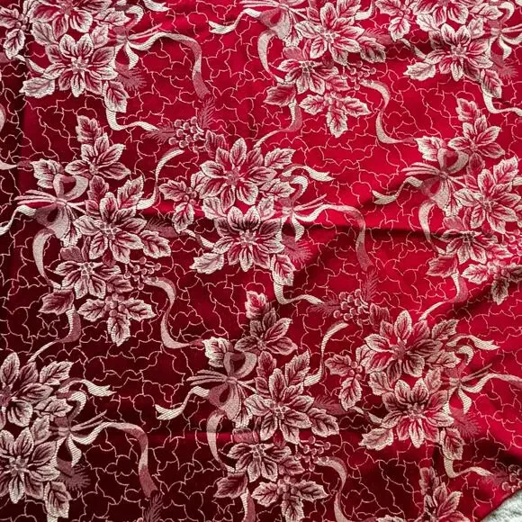 Vintage Christmas round tablecloth red & cream brocade reversible traditional