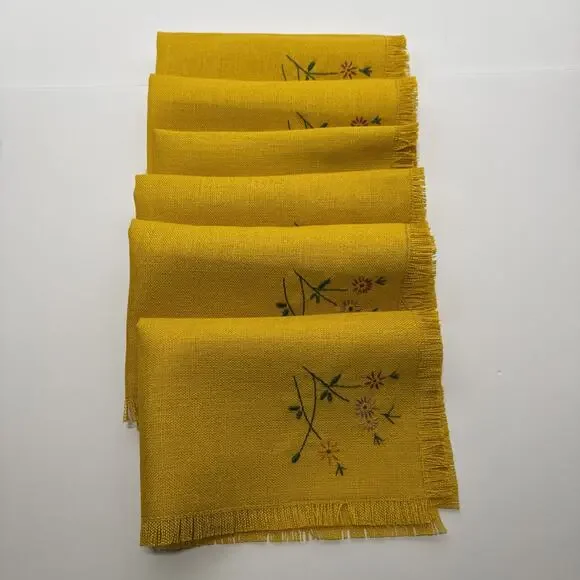 6 Golden Yellow Placemats Embroidered Red ,Purple, Pink ,Orange Flowers