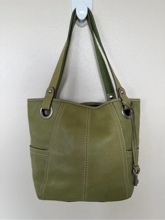 FOSSIL Olive Moss Green Leather Vintage Hobo Shoulder Tote Bag w Silver Key