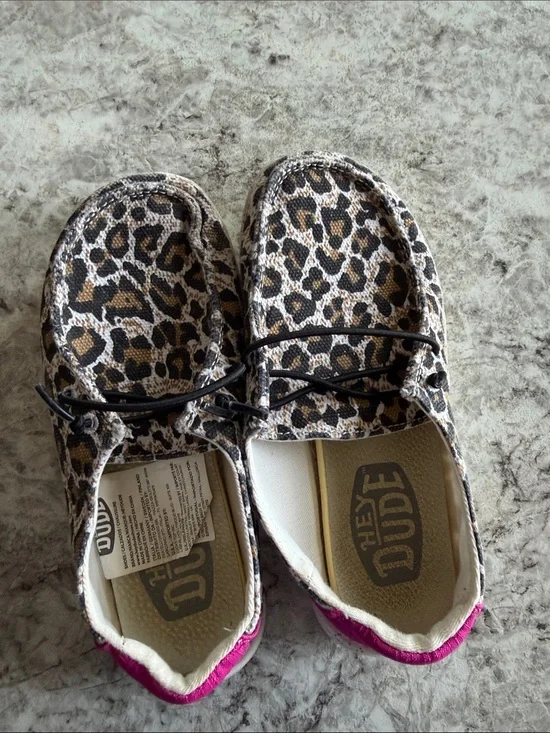 Hey Dude Kids Leopard Print Slip-Ons with Pink Heel Accent