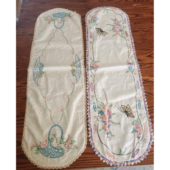 2 1960s Dresser Scarf with Embroidery & Crochet Edging, Linen Floral Butterflies
