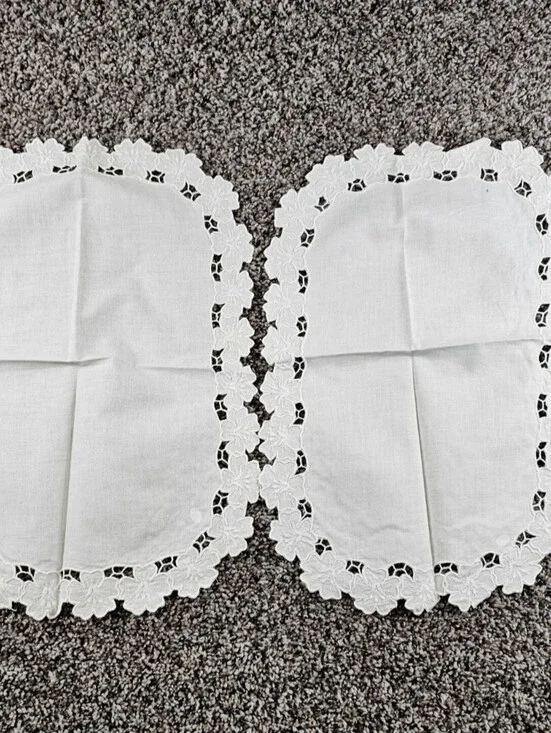 Set of 2 Vintage white cotton dresser scarves w/ cutwork embroidery Cottagecore