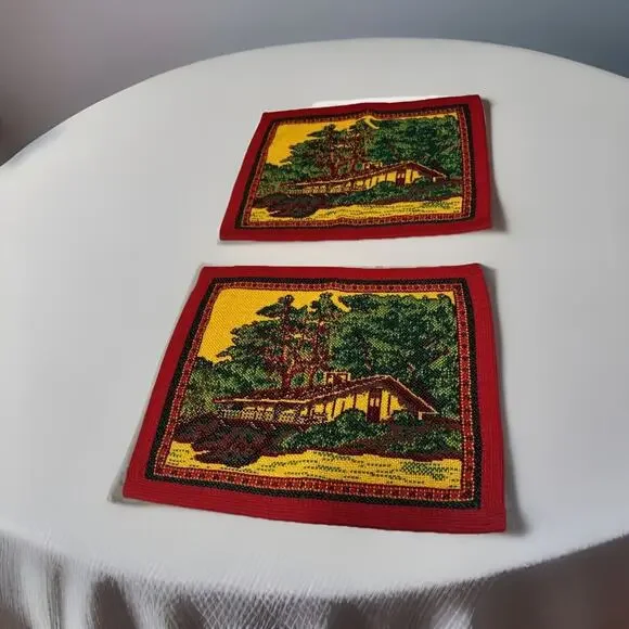 2 Vtg Cross Stitch Placemat Red Yellow Green House Trees Bushes Decor