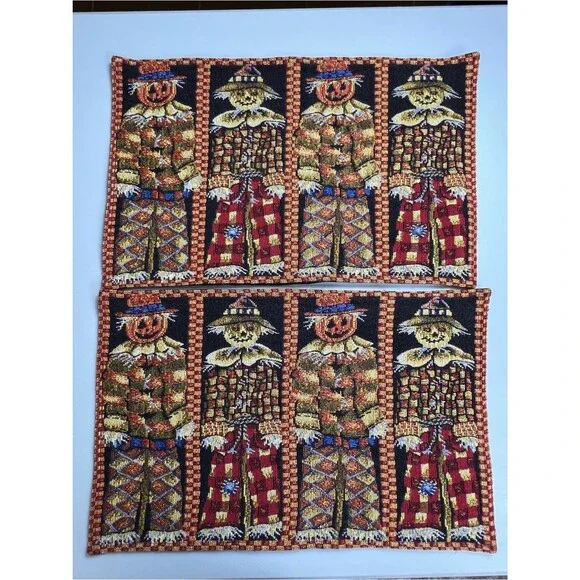 Set Of 2 Vintage Halloween Scarecrow Jack-O-Lanterns Tapestry Placemats
