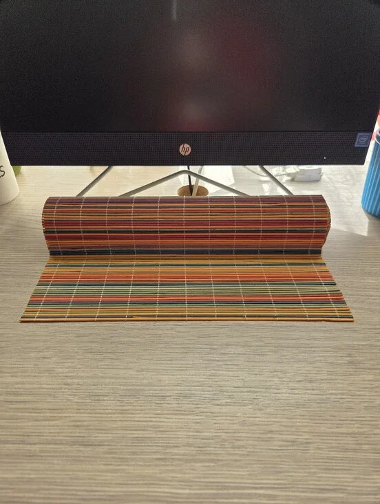 Vintage Multicolor Bamboo Reed Table Runner 13x70 Woven Roll Up Boho Tiki, EUC