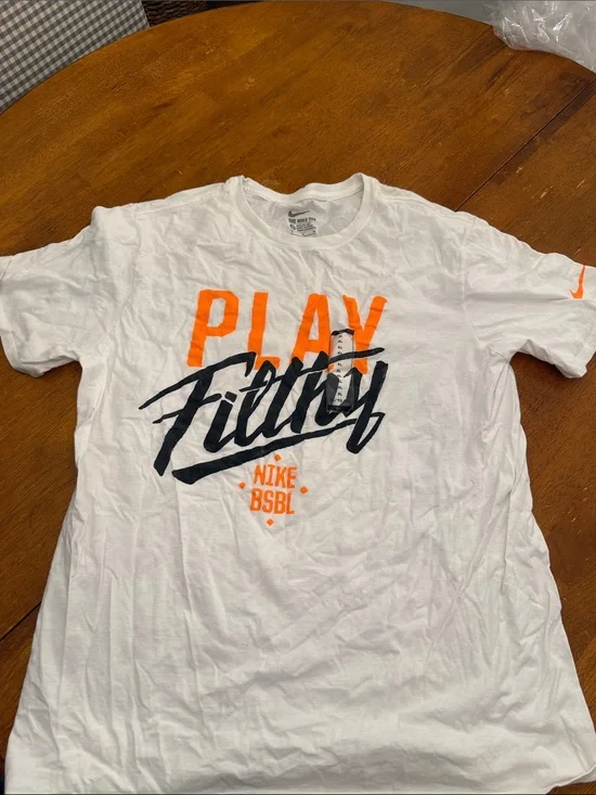 Nike White Graphic Tee with Orange and Black 'Play Filthy' Print xl