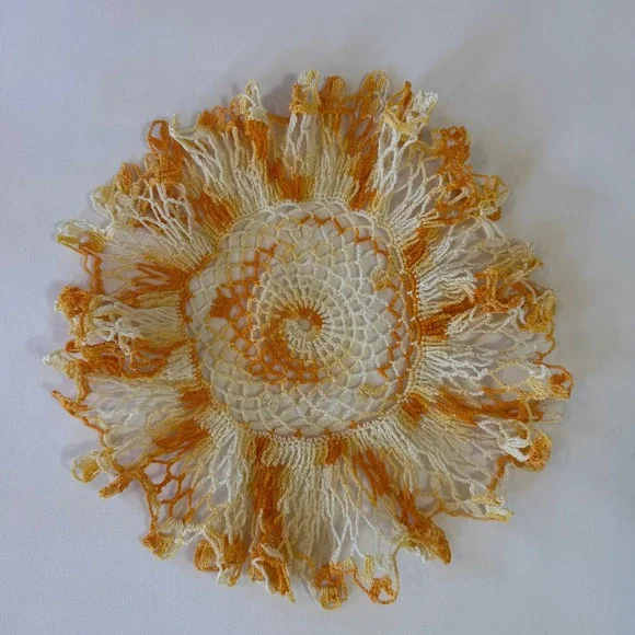 Vintage Crochet Ruffle Doily Orange Yellow Variegated Fall Decor Lace 9