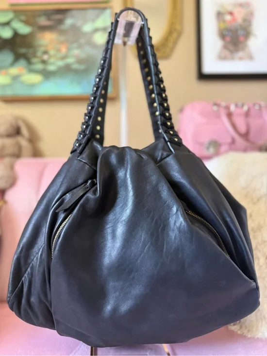 Authentic Diane Von Furstenburg SOFT Blk Leather Hobo Stud-Detail Origami Straps