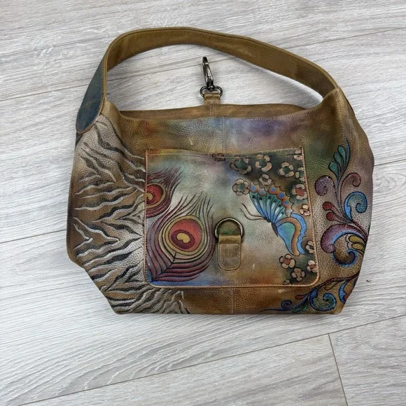 Anuschka Peackcock Bliss Leather Hand-painted Butterfly Floral Shoulder Hobo Bag