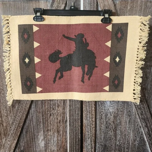 Cotton Stencil Southwestern Horse Cowboy Fringed‎ Placemat or Rug 19