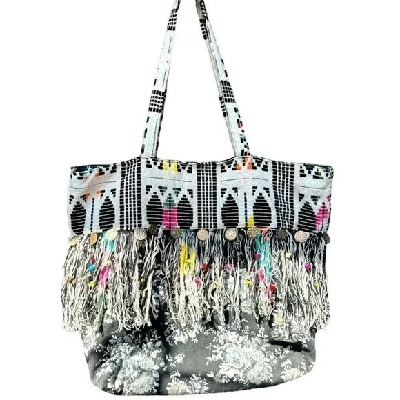 AMERICA & BEYOND Women's Cotton Floral Fringe Medallion Boho Tote Bag Black