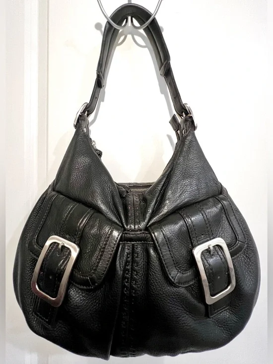✨COLE HAAN Y2K Large Black Leather Hobo Slouchy Shoulder Bag Buckles Pockets Zip