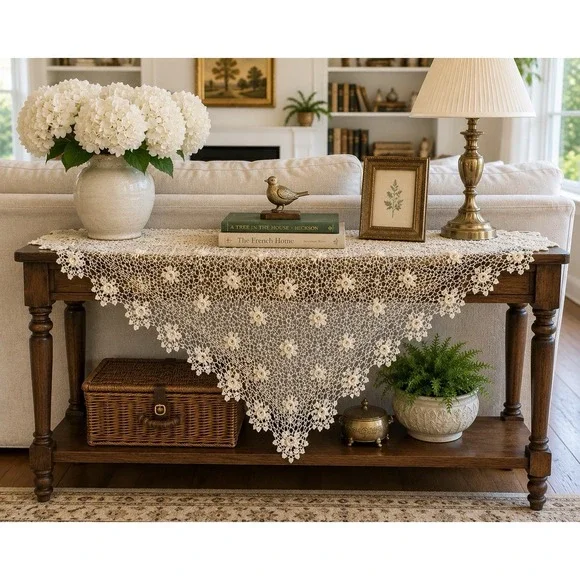 Vintage Crochet Tablecloth Triangular Cream Floral Victorian Shabby Chic