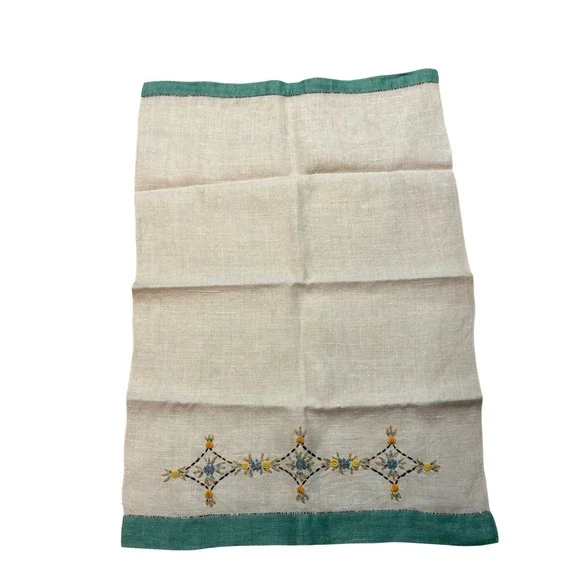 VTG Hand Embroidered Linen Dresser Scarf Floral Teal Border Table Runner 22x14