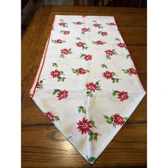Vtg Christmas Poinsettia Table Runner Red Green On White 70