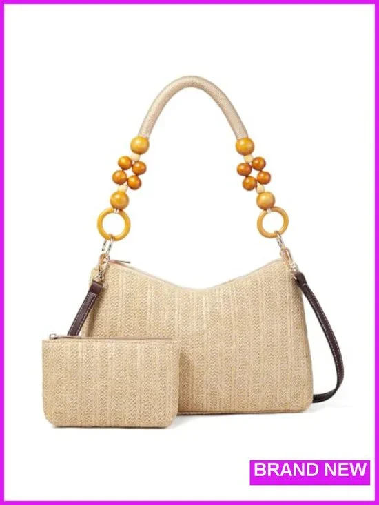 Straw Hobo Shoulder Bag with Detachable Crossbody Strap and Matching Wallet