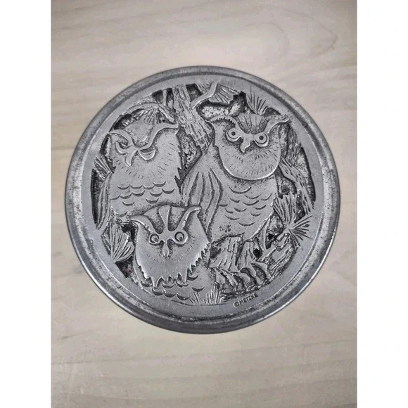 Vintage Pewter Owls Round Trinket Box Designs By Metzke Pewter 1970