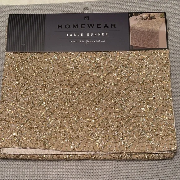 NWT Homewear Gold Sequin Embroidered Table Runner 14x72