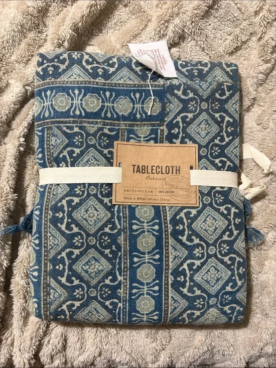 World Market Barmeri Rectangular Blue and Cream Patterned Tablecloth