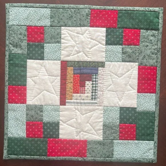 Handcrafted Hand Stitched Log Cabin Patchwork & Quilted White Stars Table Topper