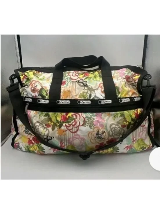 LeSportsac Large Floral Print Duffel Bag with Black Straps and Multiple Zippers