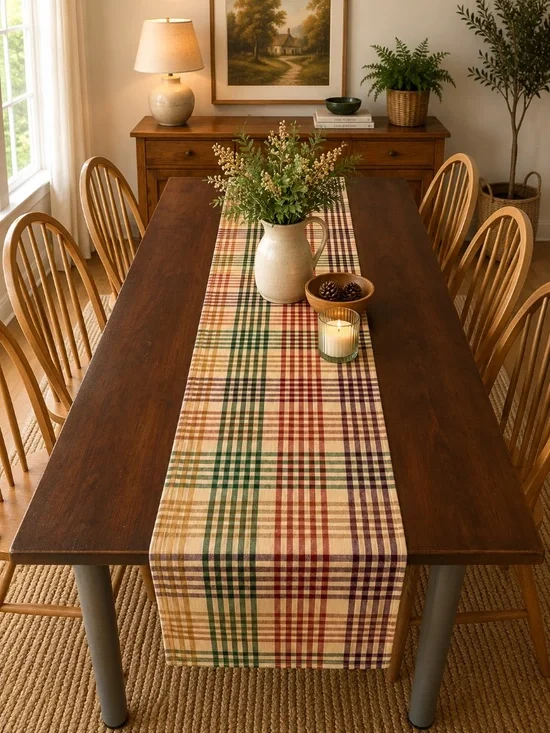 Plaid Table Runner Neutral Multicolor Cotton Blend Farmhouse Rustic Dining Decor