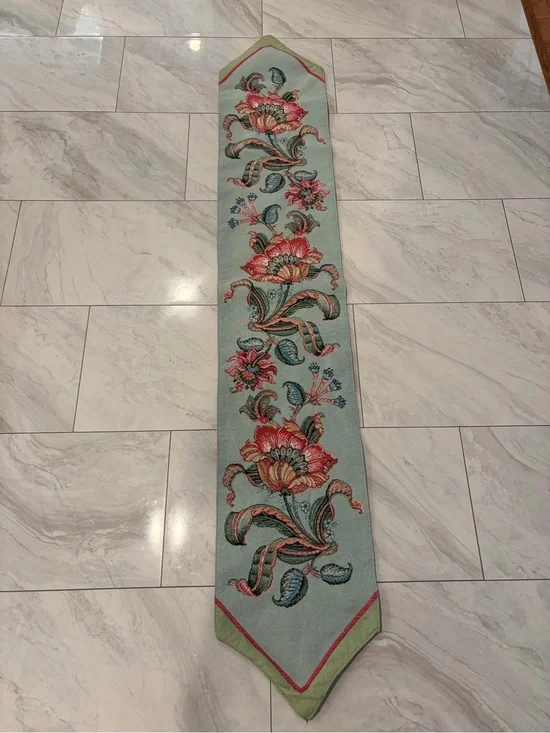 Tapestry Floral Table Runner in Aqua and Coral -