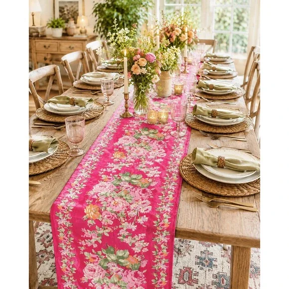 April Cornell Cottage Rose Table Runner Cotton Pink Multi 18x108