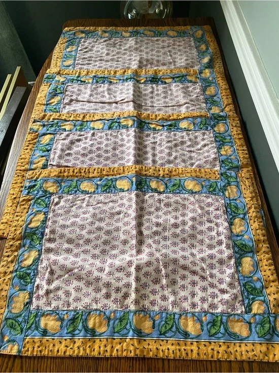Vintage Set of 4 Cotton Placemats - Yellow Green Blue Pink Floral -Boho Folk Art