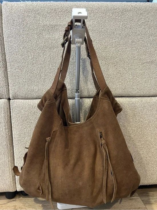 BDG Brown Suede Hobo Bag with Tassel Zips