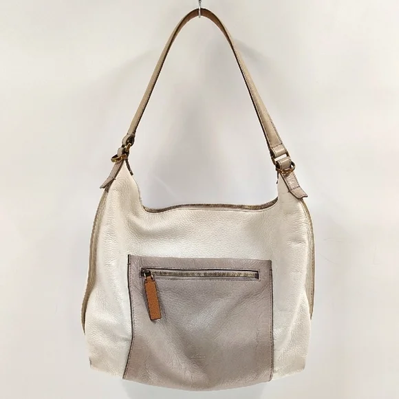 Fossil White Ivory Leather Hobo Bag Zip Beige Pocket Front Zip Top Shoulder Bag