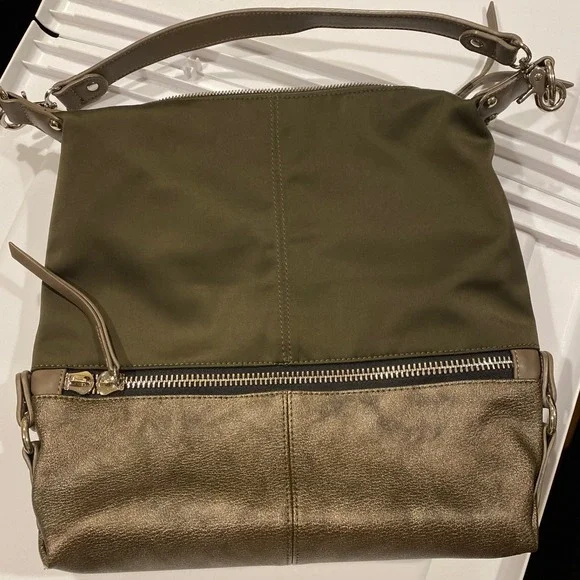 🍂 Sondra Roberts Squared Olive Green Bronze‎ Shoulder Bag Hobo Tote Convertible