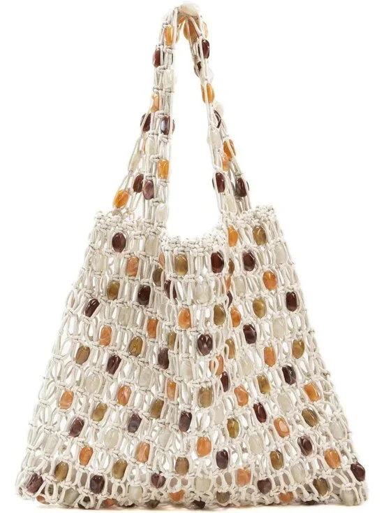 Boho Crochet Shoulder Bag - Beaded Hobo Tote for Summer Beach, Handmade