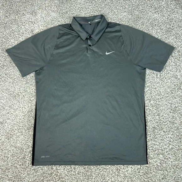 Nike Polo Shirt Mens Large Gray Striped Dri-Fit Tiger Woods Golf Performance Top