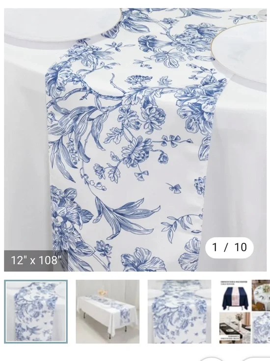 Blue Floral Toile Polyester Table Runner