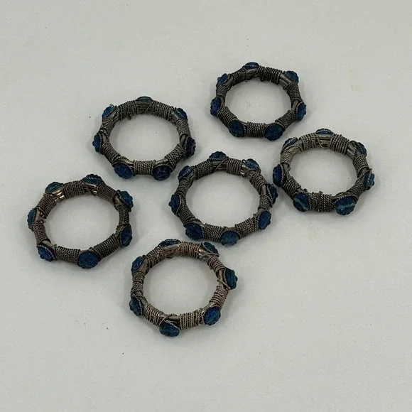 Vintage Napkin Rings Set of 6 Silver Tone Wire Wrapped Blue Glass Floral Detail