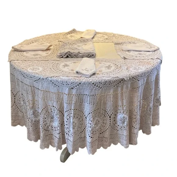 Crochet Round Tablecloth Placemat Napkin‎ Set for 10 Cottagecore French Country